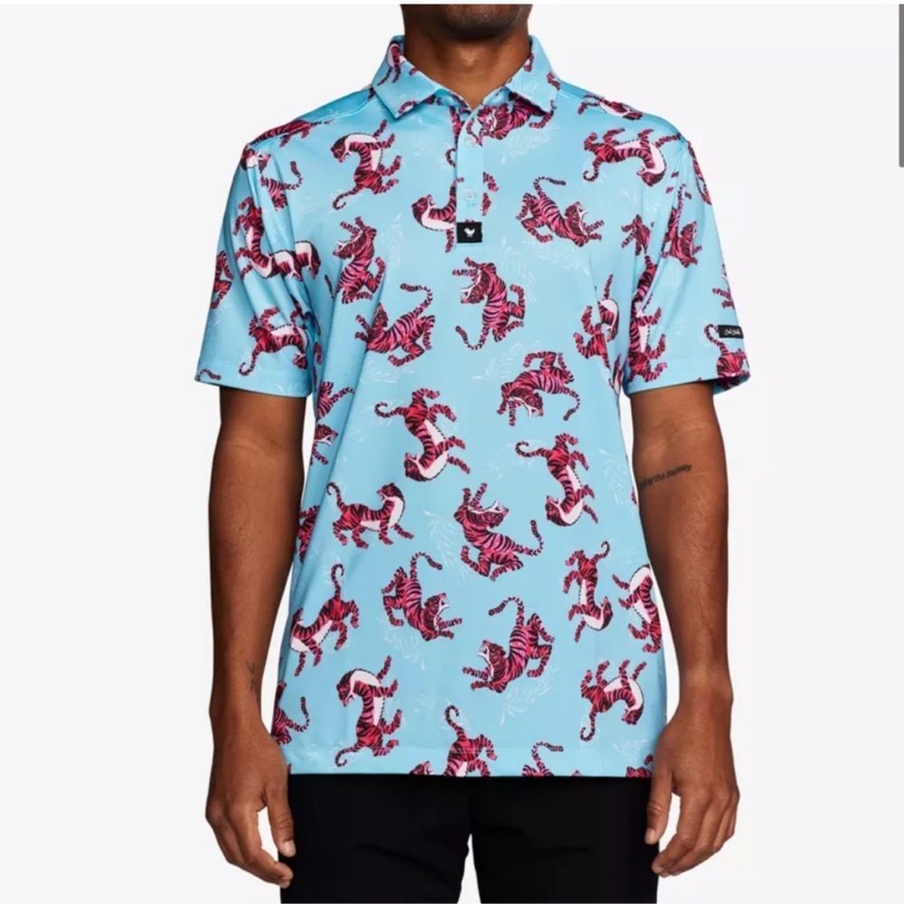 BAD BIRDIE Tiger Watch Golf Polo Blue & Pink Size large